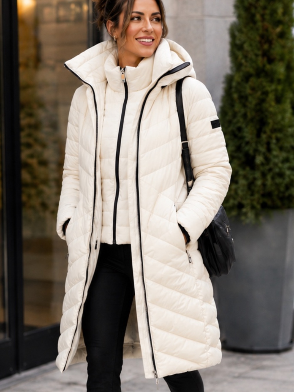 DKNY White Long Puffer Coat Built-In Vest Hood Size XL NWT